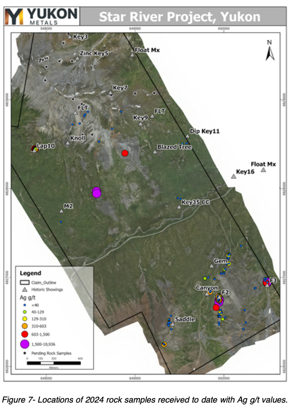 Locations of 2024 rock samples received to date with Ag g/t values.