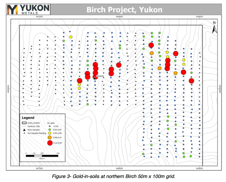 Gold-in-soils at northern Birch 50m x 100m grid.
